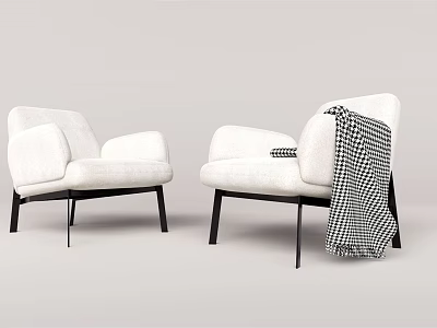 Modern White Single Sofa With Black Legs And Black And White Checkered Blanket 3d model