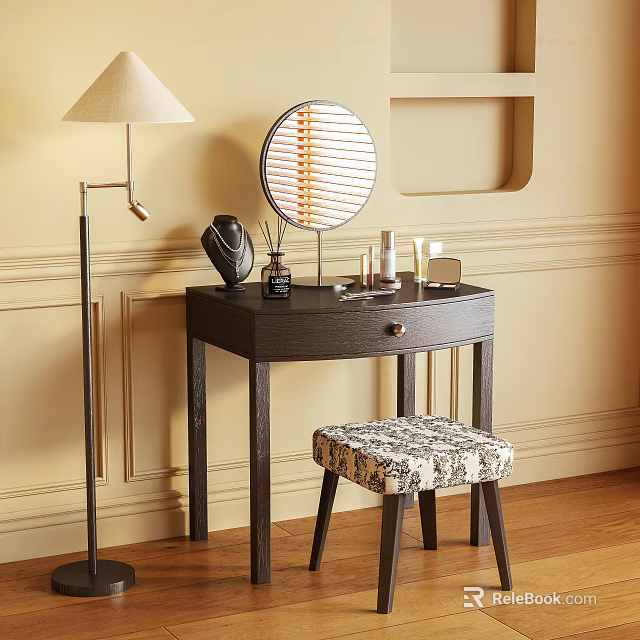 Stylish Dark Wood Dressing Table With Round Mirror Patterned Stool Floor Lamp And Cosmetic Items 3d model 