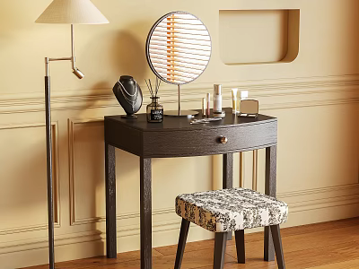 Stylish Dark Wood Dressing Table With Round Mirror Patterned Stool Floor Lamp And Cosmetic Items 3d model