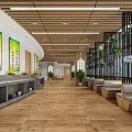 Bright Cafeteria Interior With Wooden Ceiling Tables Green Chairs Windows Menu Boards 3d model