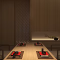 Japanese Style Restaurant Interior With Red Maple Tree Wooden Wall And Courtyard Lighting