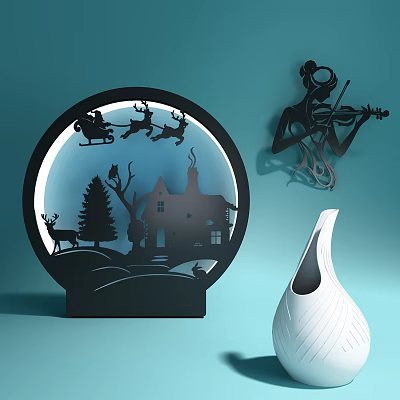 Decorative Ornament Set with Circular Silhouette Sleigh Reindeer House Tree Violinist Wall Decor White Vase 3d model