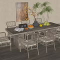 Wooden Dining Table Set with Rattan Chairs Open Book Fruits and Vase in Cozy Interior