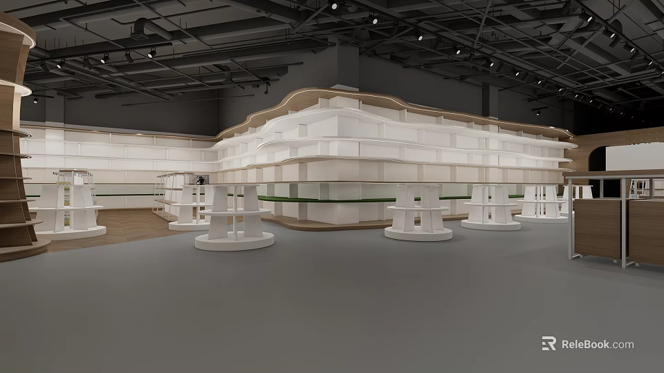 Modern Specialty Store Interior With Curved White Structures And Multiple Display Stands 3d model 