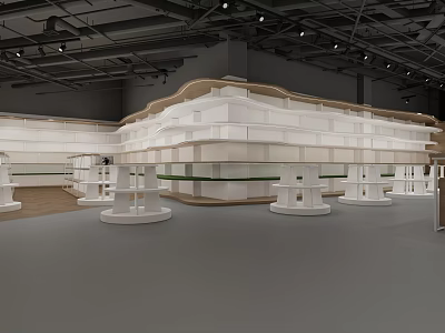 Modern Specialty Store Interior With Curved White Structures And Multiple Display Stands 3d model