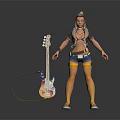 3D Female Character In Casual Outfit With Colorful Electric Guitar And Yellow Cable