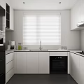 Modern Kitchen Interior With White Cabinets Black Appliances And Window Blinds 3d model