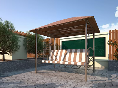 Outdoor Metal Frame Chair with Stripe Cushion and Canopy Shade in Garden Patio 3d model