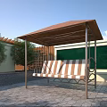 Outdoor Metal Frame Chair with Stripe Cushion and Canopy Shade in Garden Patio