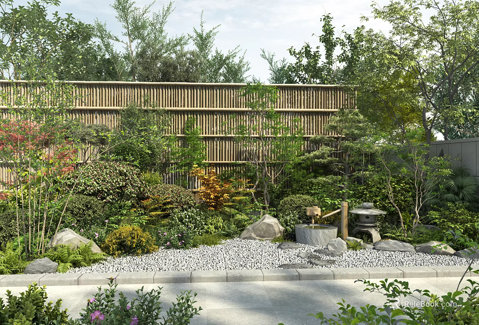 Traditional Garden Landscape With Wooden Fence Various Plants Stone Lantern And Gravel Path 3d model 