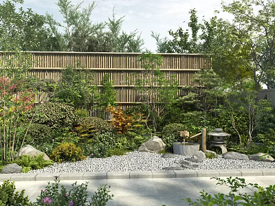 Traditional Garden Landscape With Wooden Fence Various Plants Stone Lantern And Gravel Path 3d model