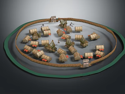 Ancient Village Miniature Model With Circular Layout Thatched Houses And Tents 3d model