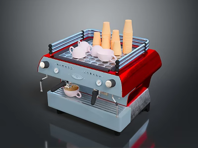 Red And Silver Espresso Coffee Machine With Paper Cups White Cups And Tray 3d model
