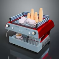Red And Silver Espresso Coffee Machine With Paper Cups White Cups And Tray