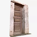 Traditional Building Exterior Wall with Intricate Carved Wooden Door and Rough Texture