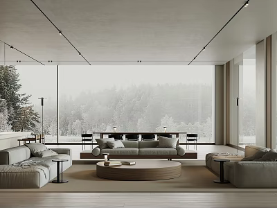 Modern Living And Dining Room Interior With Large Windows Forest View Sofa Round Coffee Table 3d model