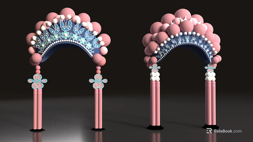 Traditional Pink Decorative Arches With Blue Ornaments And White Details 3d model 
