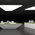 Display Shelves With Irregular And Square Design Holding Small Building Models Under Triangular Ceiling Lights