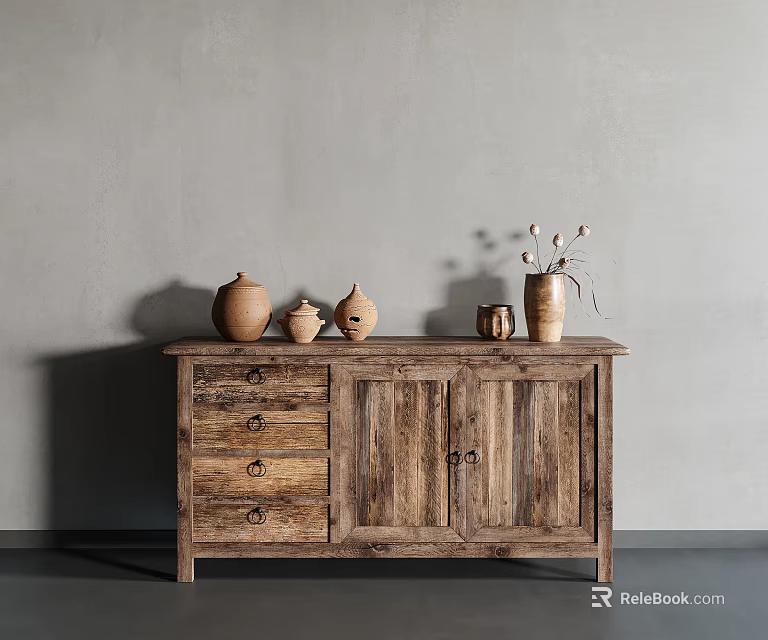Rustic Wooden Decorative Cabinet with Clay Pots and Dried Flower Vase Against Gray Wall 3d model 