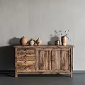 Rustic Wooden Decorative Cabinet with Clay Pots and Dried Flower Vase Against Gray Wall