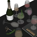 Sophisticated Champagne Bottle And Wine Glasses With Colored Wines Rosemary Garnish And Corkscrew