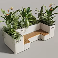Outdoor Bench With Wooden Seat And White Planters Filled With Green Plants And Orange Flowers