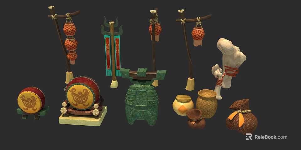 Musical Instruments and Art Tools Featuring Drum Lanterns Green Container Clay Pots and Bone Objects 3d model