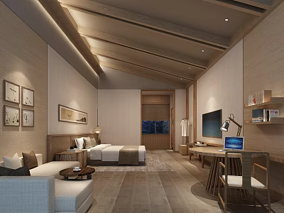 Cozy Natural Hotel Guest Room With Wooden Ceiling Comfortable Bed Sofa Work Desk And TV 3d model