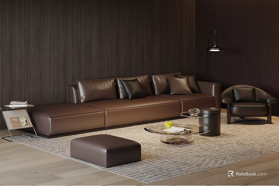 Modern Brown Leather Sofa and Coffee Table Set with Black Cushions Ottoman and Floor Lamp 3d model 