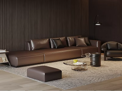 Modern Brown Leather Sofa and Coffee Table Set with Black Cushions Ottoman and Floor Lamp 3d model