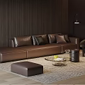Modern Brown Leather Sofa and Coffee Table Set with Black Cushions Ottoman and Floor Lamp