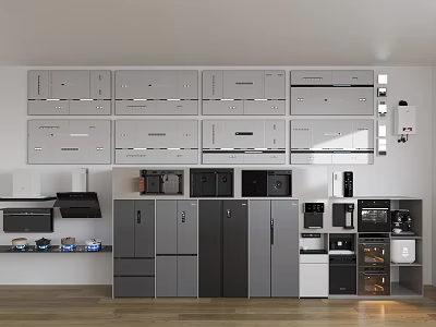 Modern Kitchen Interior With Grey Cabinets Wooden Flooring And Built In Appliances 3d model