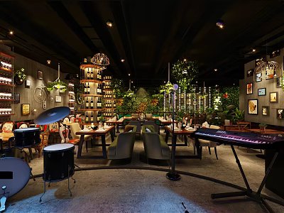 Modern Restaurant Interior With Green Plants Dining Tables Chairs Hanging Lights And Live Music 3d model
