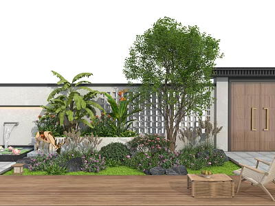 Modern Garden Patio Design With Flower Beds Planters And Lush Green Plants 3d model