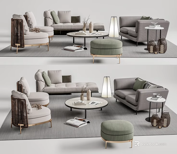 Modern Sofa And Coffee Table Set With Ottoman Floor Lamp And Throw Pillows 3d model