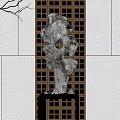 Modern Abstract Stone Sculpture Carving With Holes On Black Base And Lattice Wall