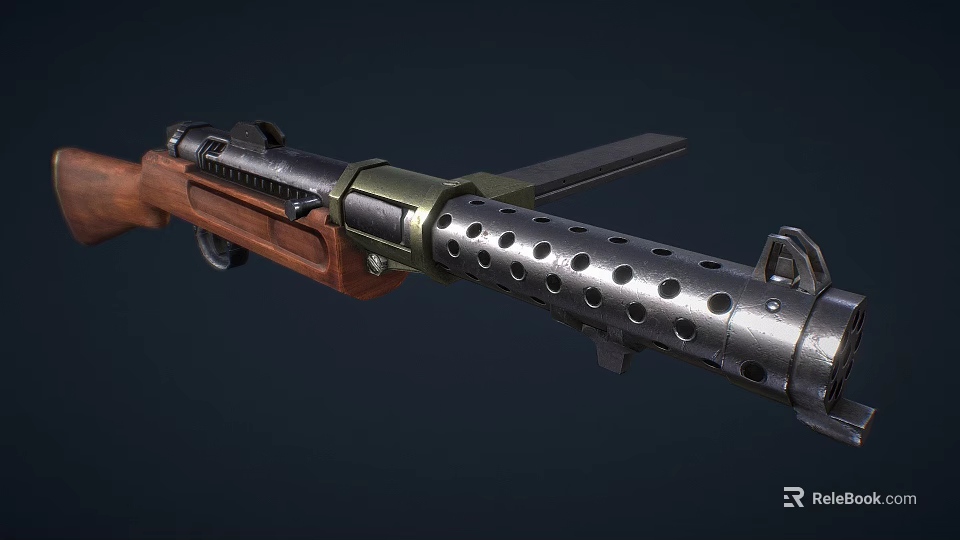 Vintage Military Weapon With Wooden Stock Metal Barrel Ventilation Holes And Bayonet 3d model 
