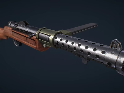 Vintage Military Weapon With Wooden Stock Metal Barrel Ventilation Holes And Bayonet 3d model