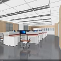 Spacious Public Office Area With Desks Computers Chairs Ceiling Lights And Windows 3d model