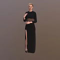 Woman Wearing Long Black Dress With High Slit And Long Sleeves Standing