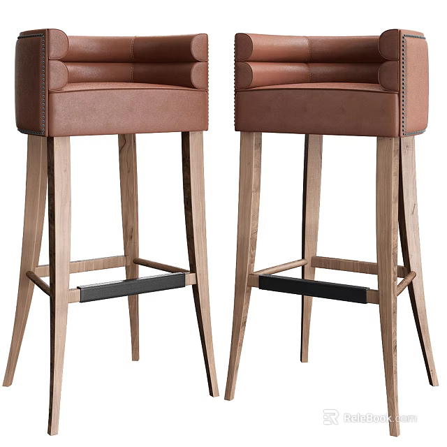Modern Leather Bar Stools With Stitched Backrest Wooden Legs And Black Footrest 3d model 