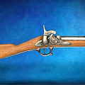 Classic Vintage Rifle With Wooden Stock And Metal Parts Displayed On Blue Background