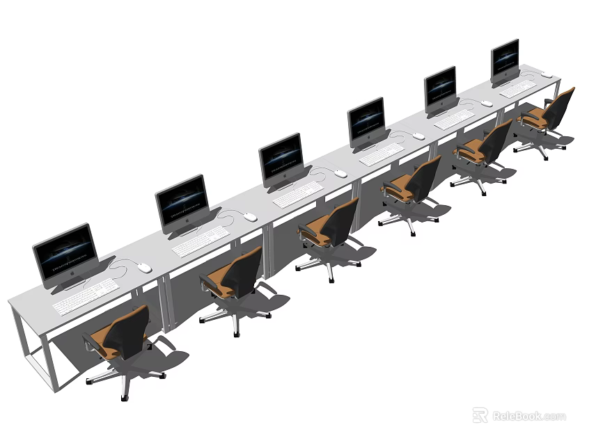 Long Office Desk Setup With Multiple Computer Monitors And Office Chairs 3d model