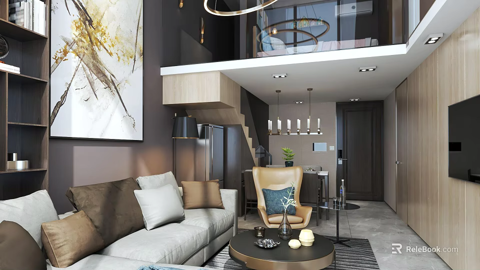 Elegant Modern Apartment Living Room With Sofa Coffee Table Staircase Pendant Lights And Artwork 3d model 