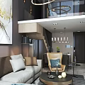 Elegant Modern Apartment Living Room With Sofa Coffee Table Staircase Pendant Lights And Artwork