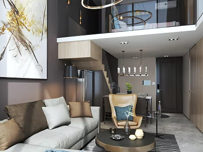 Elegant Modern Apartment Living Room With Sofa Coffee Table Staircase Pendant Lights And Artwork 3d model