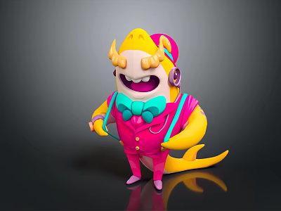 Cartoon Game Character With Yellow Head Horns Headphones Pink Suit Green Bowtie And Yellow Tail 3d model