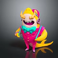 Cartoon Game Character With Yellow Head Horns Headphones Pink Suit Green Bowtie And Yellow Tail