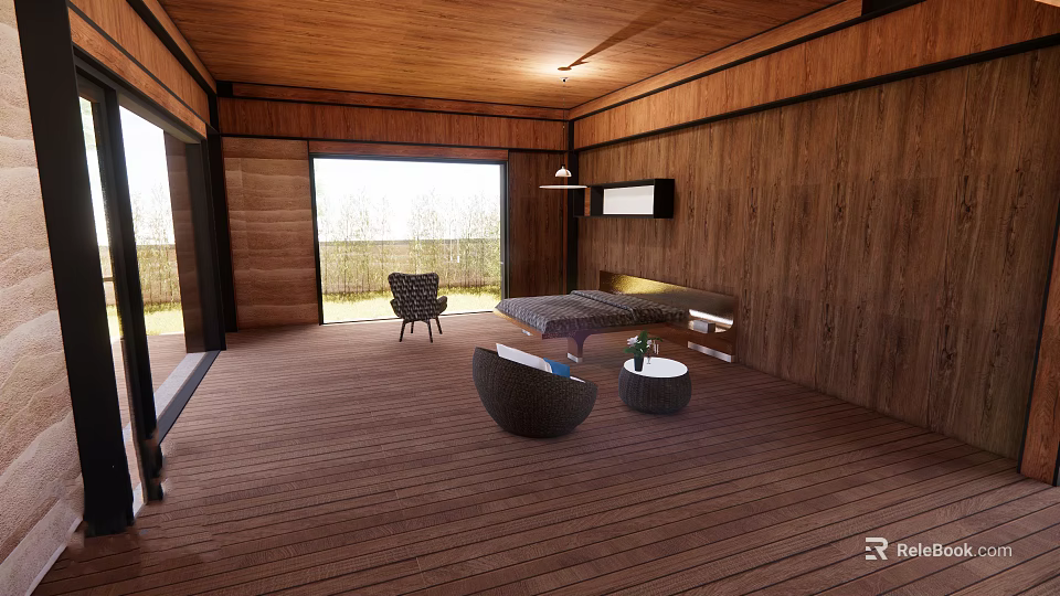 Cozy Hotel Guest Room With Wooden Walls Large Windows Natural Views And Modern Furniture 3d model 