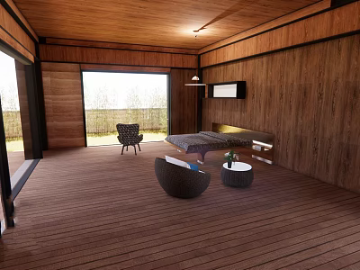 Cozy Hotel Guest Room With Wooden Walls Large Windows Natural Views And Modern Furniture 3d model